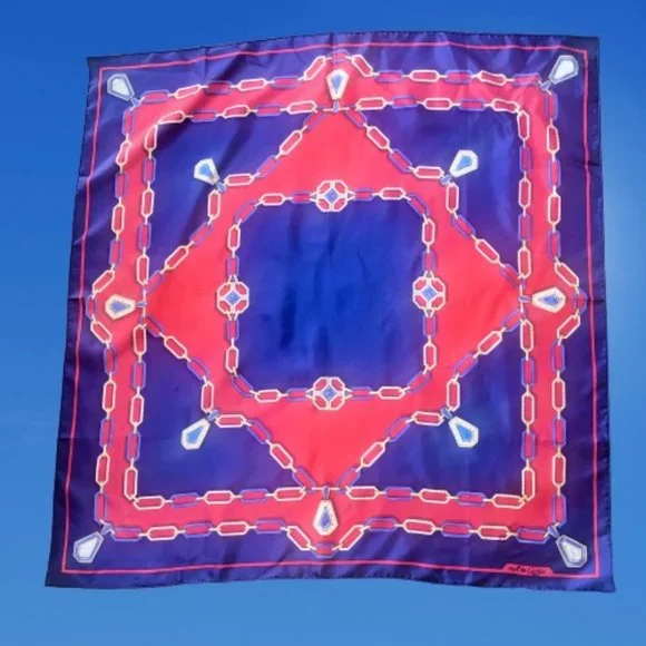 CARTIER Must de France Silk Scarf Vintage Navy Blue & Red Gold Chain Jewel Logo
